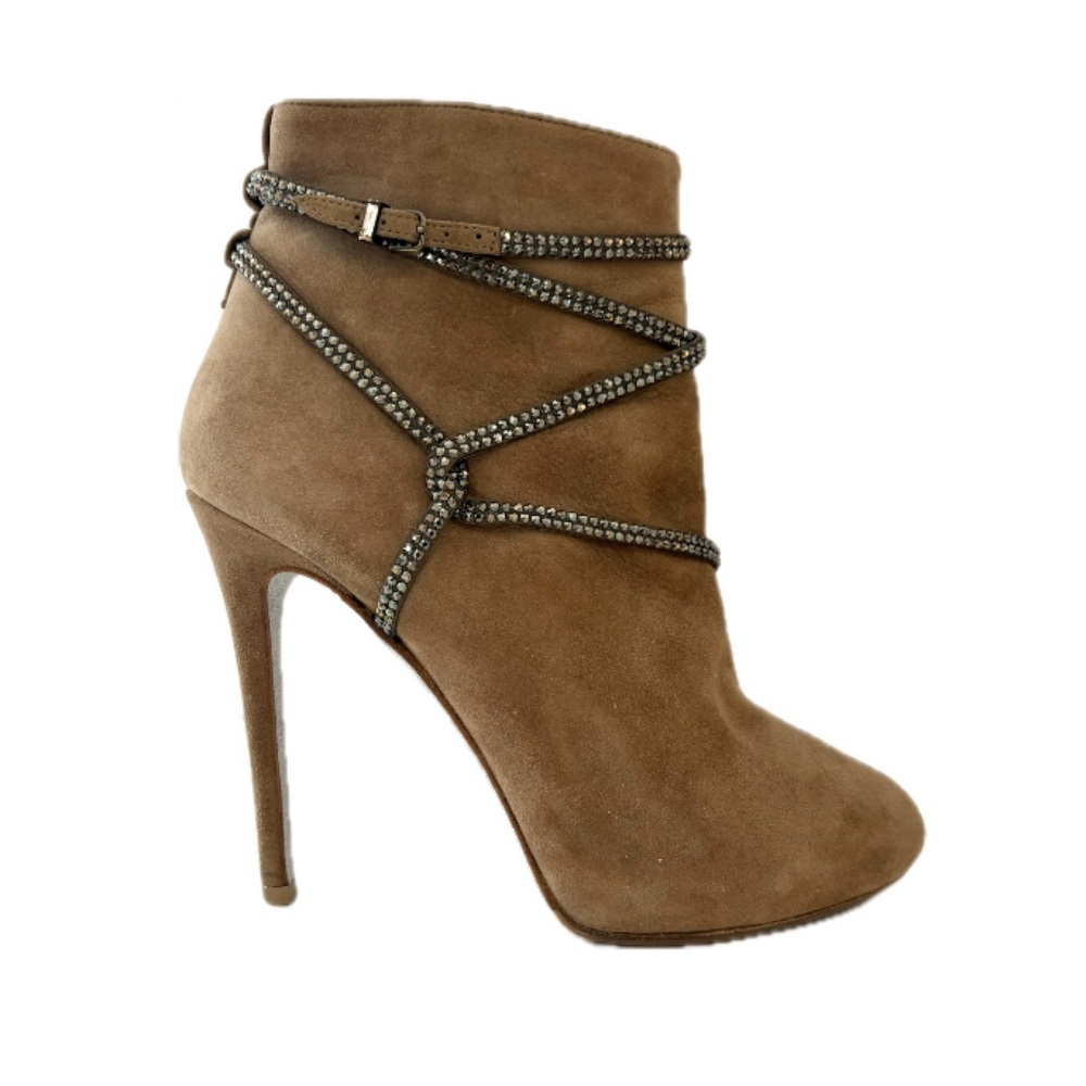 Rene Caovilla Jeweled Cleo Crystals Suede Ankle Boots Size 40 (10) Tan